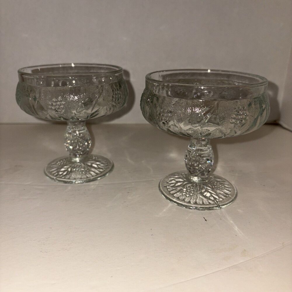 Vtg Pair Heavy Stemmed  Pressed Glass Berries & Leaves Sherbet Dishes France